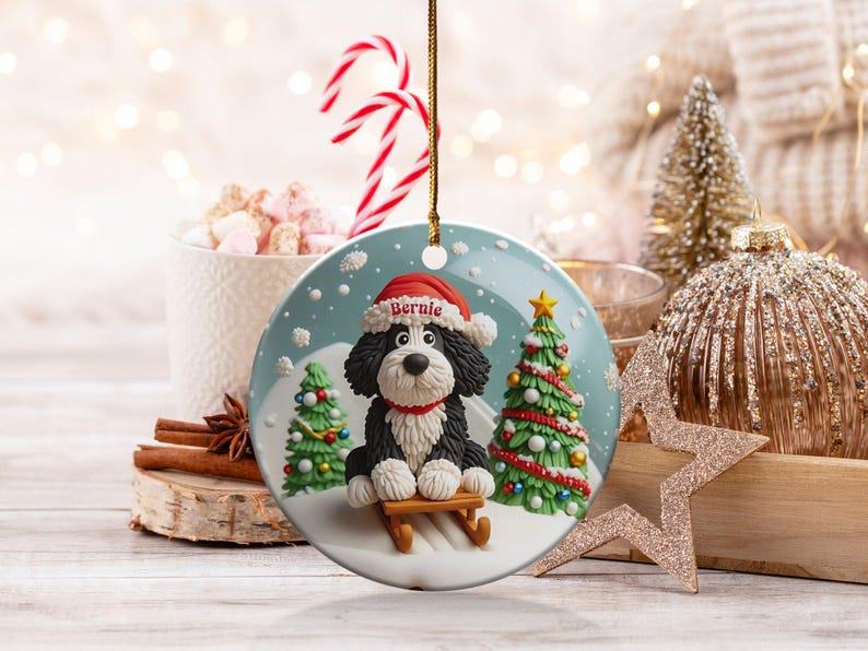 Christmas Ornament, Festive Dog On Sled - Claymation Style Artwork | Sublimation Ceramic | 3-Inch Double-Sided Holiday Decor image 2