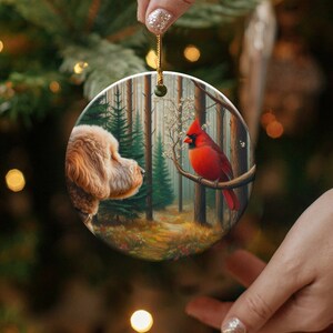 Cardinal and Goldendoodle Ceramic Ornament, Stained Glass Design, Cardinal gift, Mothers Day Gift, Bird Lovers Gift, Custom stained glass look, cardinal
