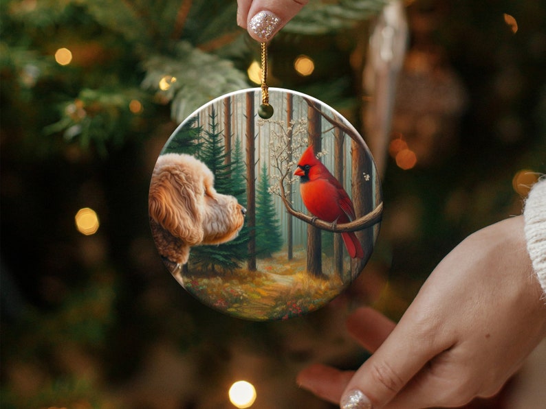 Cardinal and Goldendoodle Ceramic Ornament, Stained Glass Design, Cardinal gift, Mothers Day Gift, Bird Lovers Gift, Custom stained glass look, cardinal