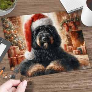 Black Bernedoodle or Goldendoodle Dog Puzzle, Festive Dog With Santa Hat, Holiday Jigsaw Puzzle, Cute Christmas Gifts, Cozy Fireplace Scene image 1