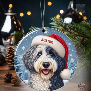 Merle Bernedoodle Ceramic Ornament, showcasing stunning blue eyes. Personalized ornament with your dogs name