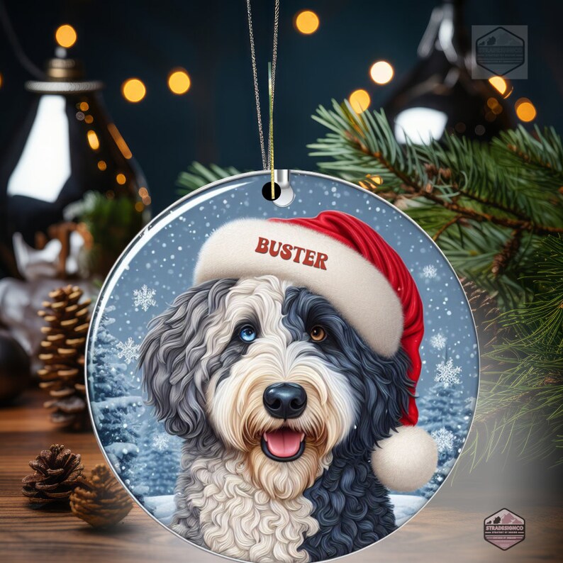 Merle Bernedoodle Ceramic Ornament, showcasing stunning blue eyes. Personalized ornament with your dogs name