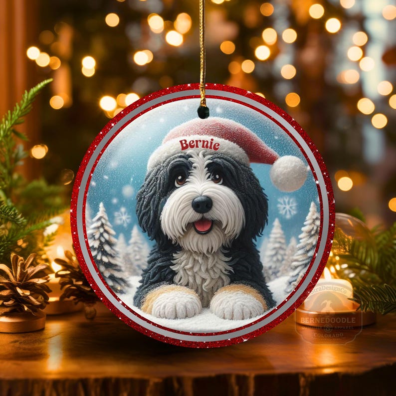 May include: Round Christmas ornament featuring a Bernedoodle dog wearing a Santa hat with the name "Bernie". The ornament has a red glitter border and a winter scene background with snowflakes and pine trees. A gold string is attached for hanging.