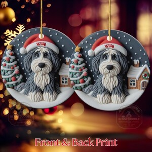 Christmas dog sheepadoodle ceramic ornament hanging on display in the Christmas living room!  Cute santa hat puppy decor, personalized pet ornament, holiday tree decoration, custom dog gift, festive pet decor.  Doodle lover Christmas decoration for Sheepadoodle Sheepa Doodle Moms!