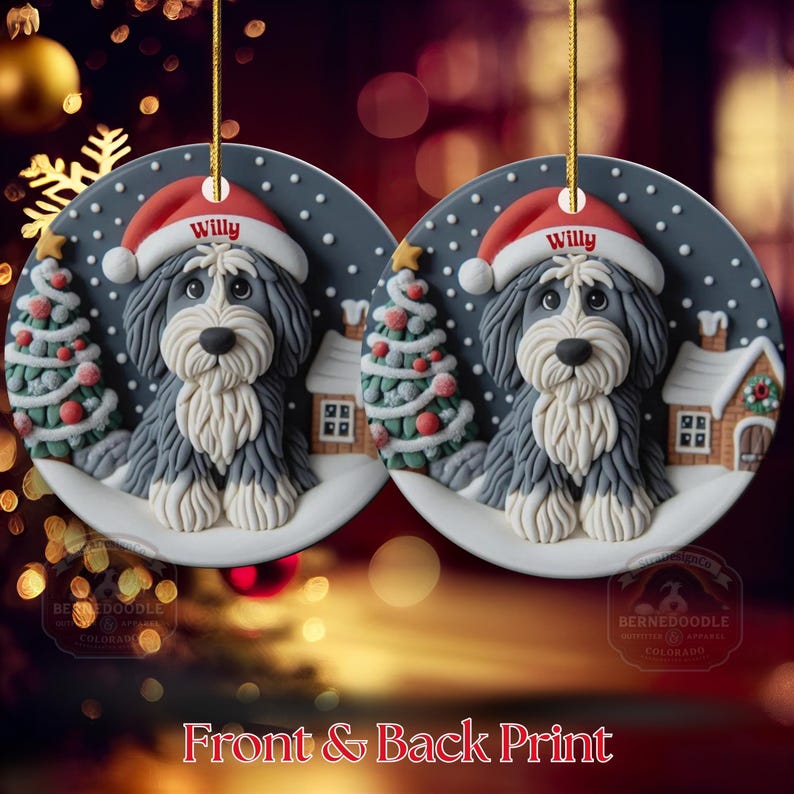 Christmas dog sheepadoodle ceramic ornament hanging on display in the Christmas living room!  Cute santa hat puppy decor, personalized pet ornament, holiday tree decoration, custom dog gift, festive pet decor.  Doodle lover Christmas decoration for Sheepadoodle Sheepa Doodle Moms!