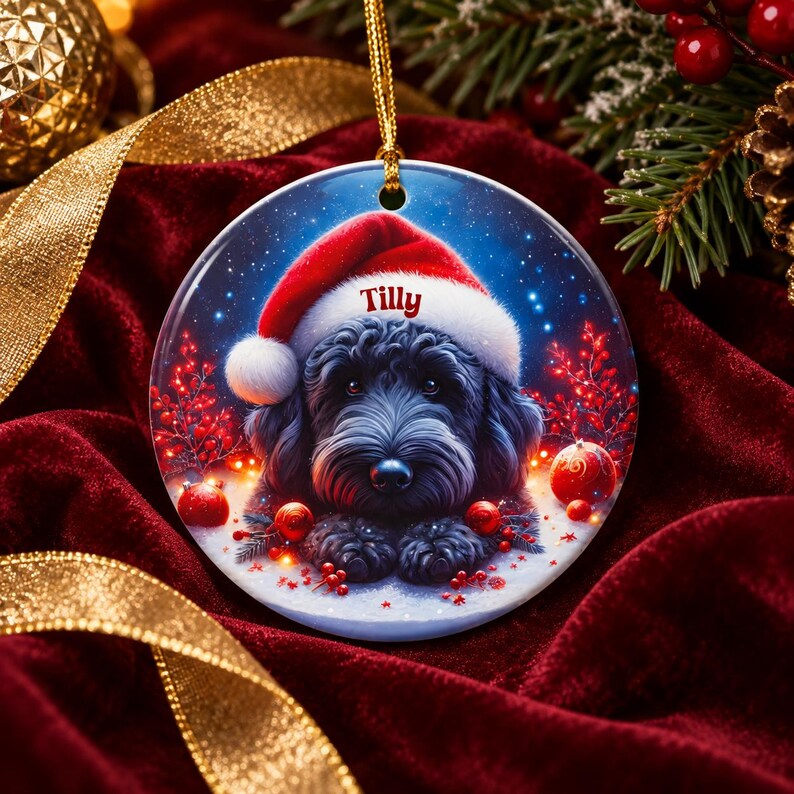 May include: A round ceramic Christmas ornament featuring a black dog wearing a red and white Santa hat. The name Tilly is printed in red text on the hat brim. The background shows a snowy scene with red berries and ornaments.