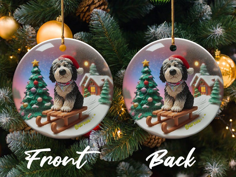 Ceramic Pet Ornament, Dog Sledding Gift - Santa Hat | Sublimation Printed | 3 Inch Christmas Tree Decor image 3