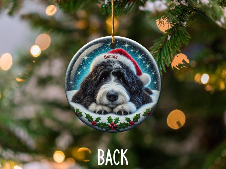 Bernedoodle-Weihnachtsschmuck: Festliche Keramikdekoration – personalisiertes Erinnerungsstück mit Sublimationsdruck, Geschenk für Tierliebhaber, beidseitiges Welpenmotiv Bild 3