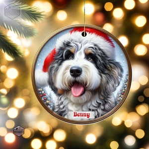 Merle Bernedoodle Fade with Hazel Eyes in a Christmas Ornament - Personalized with Your Dog's Name