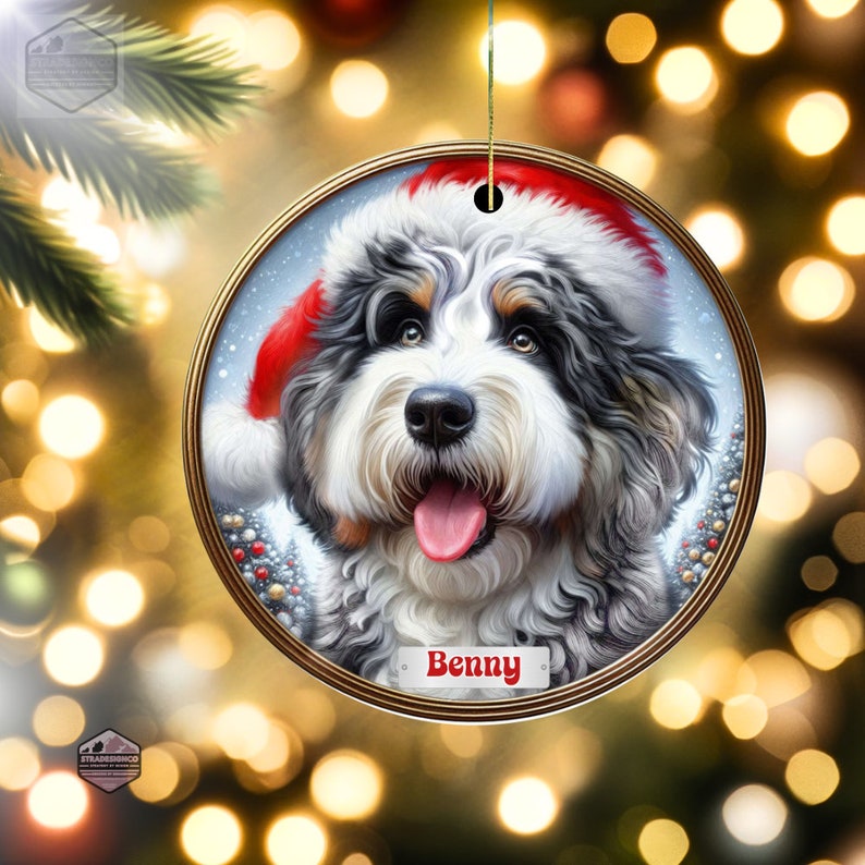 Merle Bernedoodle Fade with Hazel Eyes in a Christmas Ornament - Personalized with Your Dog's Name