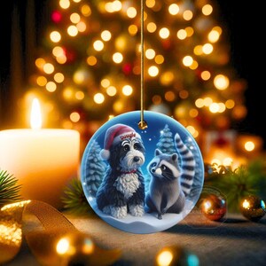 A 3-inch double-sided ceramic Christmas ornament featuring an adorable claymation-style Bernedoodle wearing a red Santa hat personalized  sitting beside a cute raccoon under a snowy winter night sky. The ornament has crisp detailing, soft blue tones, and a warm Christmas glow in the blurred background. Perfect for Bernedoodle lovers, handmade Christmas gift shoppers. High-quality ceramic with vibrant colors, ideal for tree decorating, pet memorial ornaments, or festive seasonal displays.