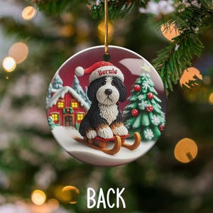 Custom Dog Ornament, Bernedoodle Sledding Keepsake | Sublimation Ceramic | 3 Inch Festive Decor, Santa Hat Doodle Gift image 4