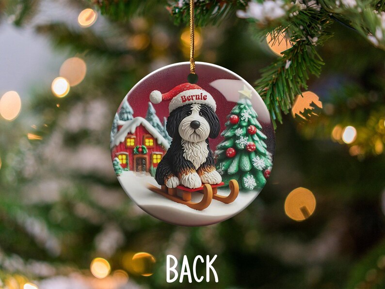 Custom Dog Ornament, Bernedoodle Sledding Keepsake | Sublimation Ceramic | 3 Inch Festive Decor, Santa Hat Doodle Gift image 4