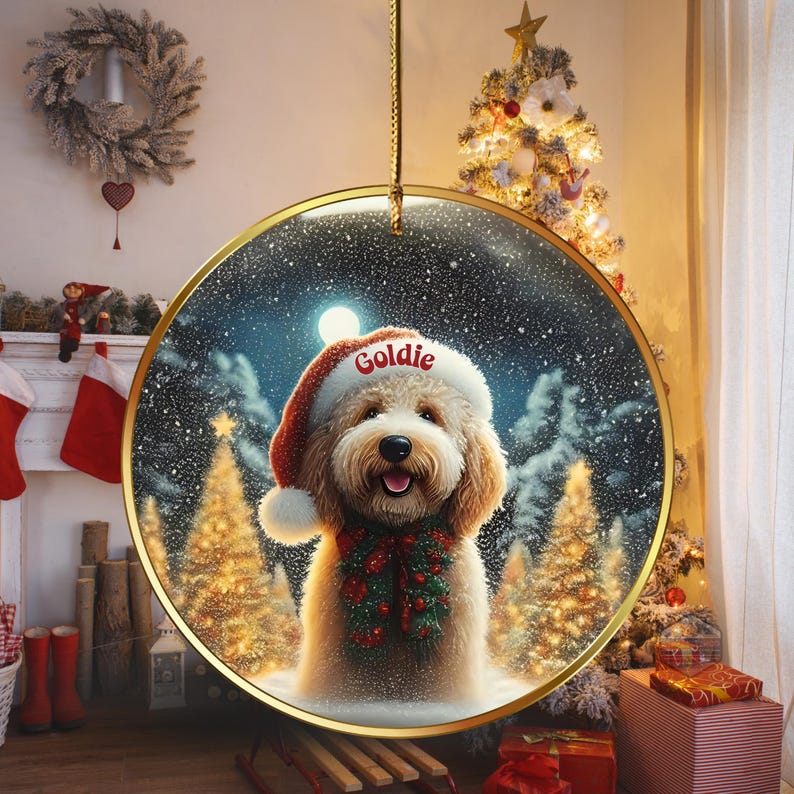 May include: A round Christmas ornament featuring a fluffy dog wearing a Santa hat with the name "Goldie" on it. The dog is surrounded by a snowy winter scene with Christmas trees. The ornament has a gold-colored border and is hanging from a gold string.