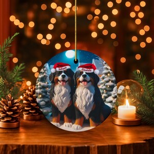 Op de afbeelding: Een ronde kerstversiering met twee Berner Sennenhonden met kerstmutsen. De honden staan voor een besneeuwde wintersc&egrave;ne. Op de mutsen staat "Edison" en "Einstein". De versiering hangt aan een gouden draad.