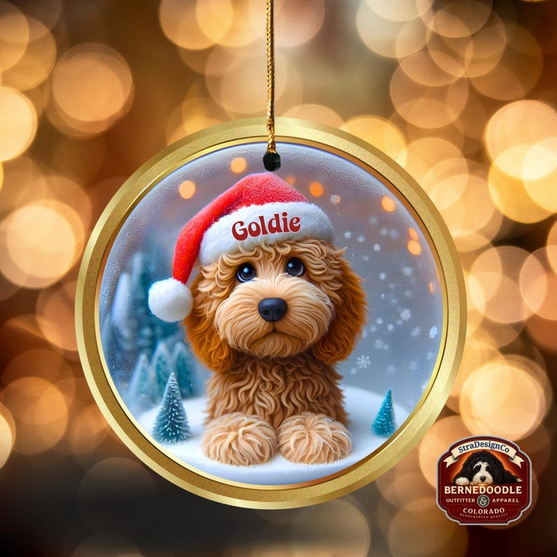 Goldendoodle ceramic 3 inch ornament in vibrant color and claymation style design.  Full gloss and printed on both sides.  It's hung with a gold string.