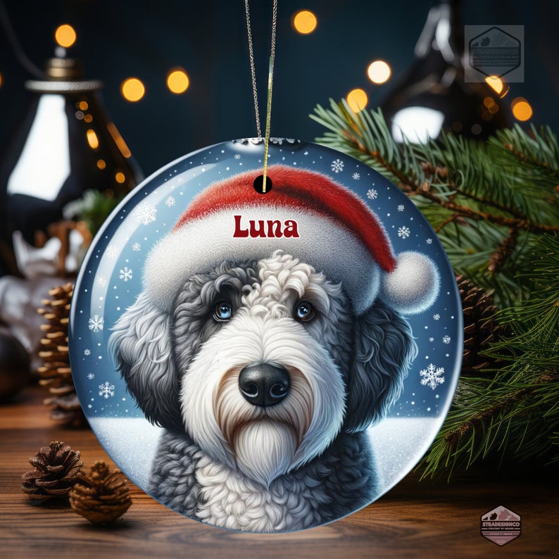 Sheepadoodle Ceramic Ornament, showcasing stunning blue eyes. Personalized ornament with your dogs name