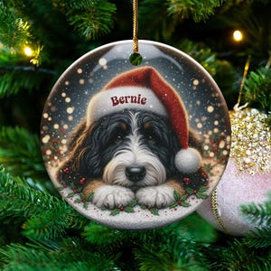 Custom Pet Ornament - Bernedoodle Santa Hat Pup, Two Sided Sublimation (3 Inch Round, Ceramic Keepsake) image 5