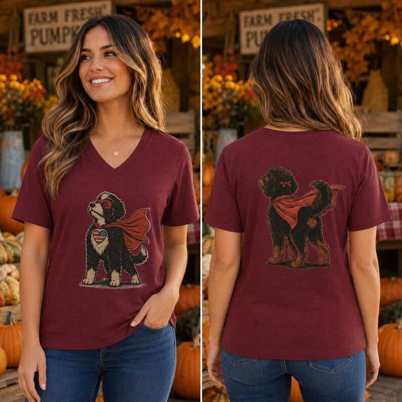 May include: A maroon V-neck t-shirt featuring a graphic of a black and tan dog wearing a red superhero cape and mask. The front graphic shows the dog with a heart-shaped American flag patch, while the back graphic shows the dog from behind.
