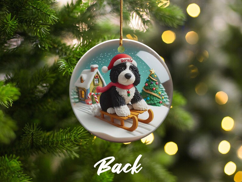 Dog Sled Snowglobe, Custom Bernedoodle Ornament | Ceramic | Double-Sided Sublimation Print, Holiday Tree Charm, 3 Inch immagine 5