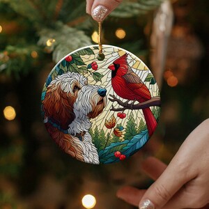 Doodle Dog and Cardinal Ceramic Ornament, Faux Stained Glass Design image 3