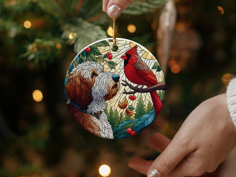 Doodle Dog and Cardinal Ceramic Ornament, Faux Stained Glass Design image 3