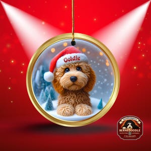 Goldendoodle ceramic 3 inch ornament in vibrant color and claymation style design.  Full gloss and printed on both sides.  It's hung with a gold string.