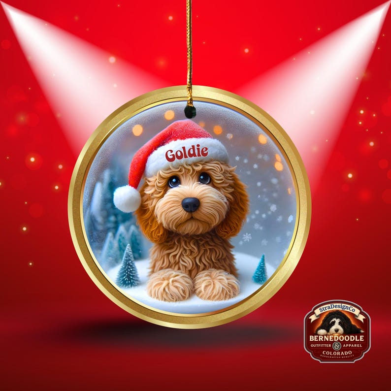 Goldendoodle ceramic 3 inch ornament in vibrant color and claymation style design.  Full gloss and printed on both sides.  It's hung with a gold string.