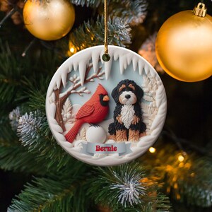 Bernedoodle och kardinalprydnad, vinterscen, present till husdjursälskare bild 2