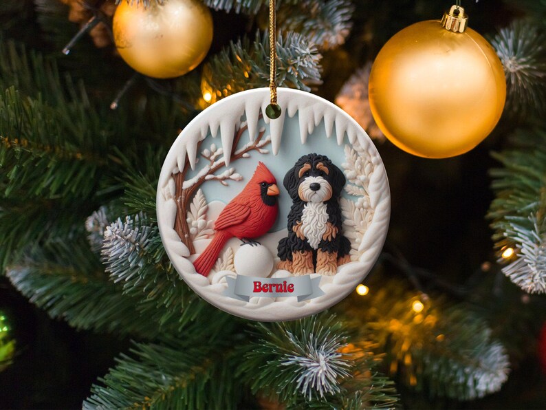 Bernedoodle och kardinalprydnad, vinterscen, present till husdjursälskare bild 2