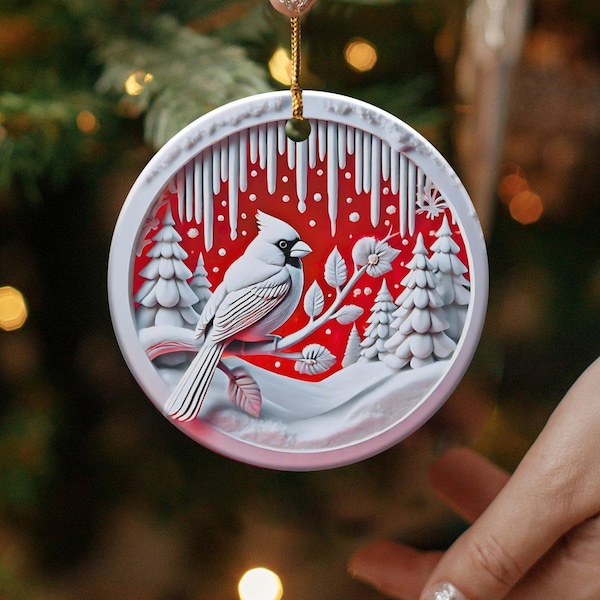 Cardinal in Winter Wonderland Ceramic Ornament, Original Design With Textured Appearance, Unique Holiday Home Decor, Beautiful Seasonal Gift