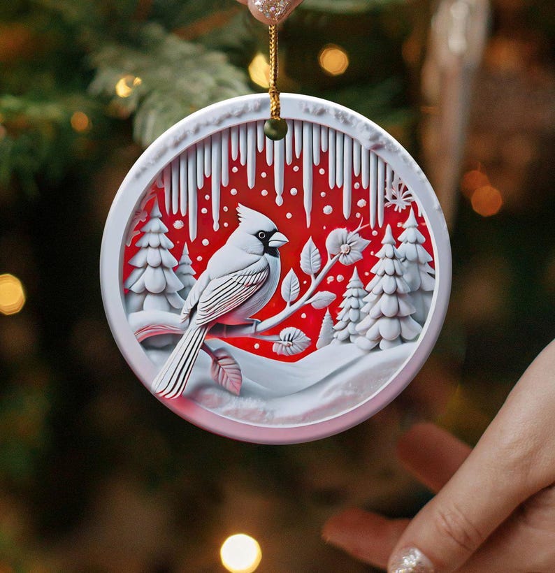 Cardinal in Winter Wonderland Ceramic Ornament, Original Design With Textured Appearance, Unique Holiday Home Decor, Beautiful Seasonal Gift image 1