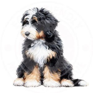 May include: Watercolor illustration of a Bernedoodle puppy. The dog has black, white, and tan fur, with a fluffy coat. The puppy is sitting and looking to the side, with a soft, gentle expression. The background is white.