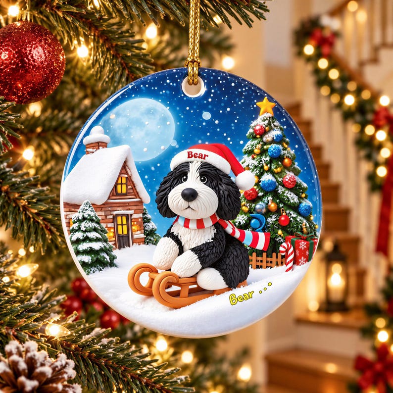 A Christmas ornament featuring a black and white dog wearing a Santa hat and riding a sled, with a snowy village scene and a full moon in the background.