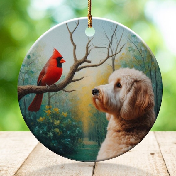 Cardinal and Doodle Dog Ceramic Ornament, Oil Paint Style Design