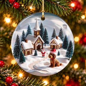 May include: A round ceramic Christmas ornament featuring a snowy village scene with a church, houses, and evergreen trees. A small Santa Claus figure stands near a brown dog wearing a red Santa hat with the name Goldie written on it.