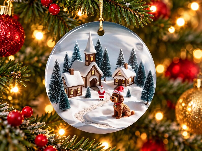 May include: A round ceramic Christmas ornament featuring a snowy village scene with a church, houses, and evergreen trees. A small Santa Claus figure stands near a brown dog wearing a red Santa hat with the name Goldie written on it.