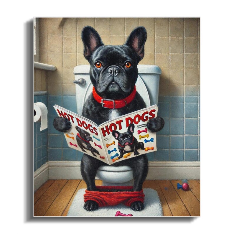 French Bulldog on Toilet Canvas, Funny Bathroom Pet Art, 20x24 image 3