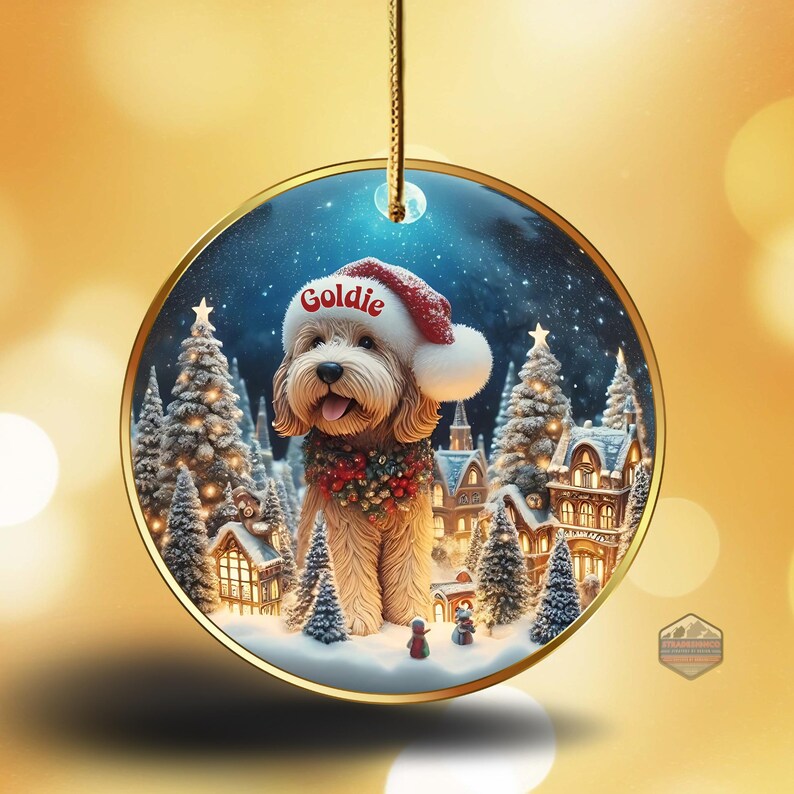 personalized doodle dog ceramic ornament features a charming scene featuring a Goldendoodle Dog nestled inside a festive snow globe scene. The ornament comes personalized with your pup's name. The design is then placed on both sides of the ornament and is finished in a full gloss. This ornament makes a heartwarming addition to your holiday decorations or a thoughtful gift for the dog lover in your life.

* Vibrant and detailed image - Glossy finish