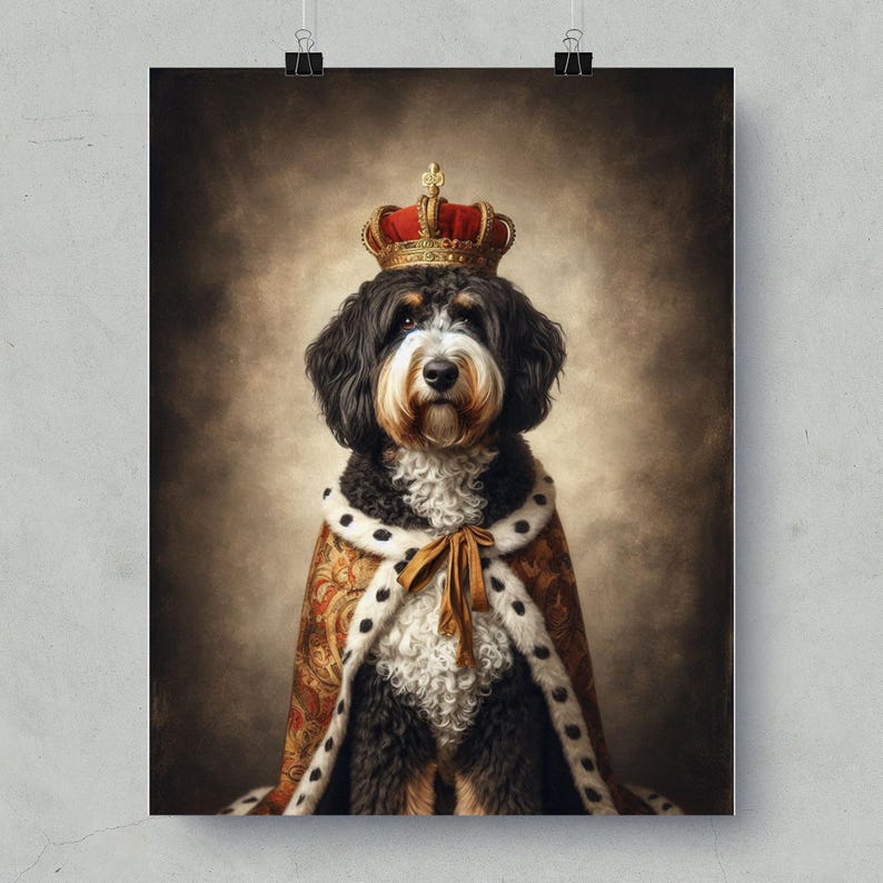 Royal King Dog Portrait Wall Art, Unique Animal Artwork Print, Pet Lover Gift, Elegant Pet Decor, Dog Crown Art, Canine King Poster