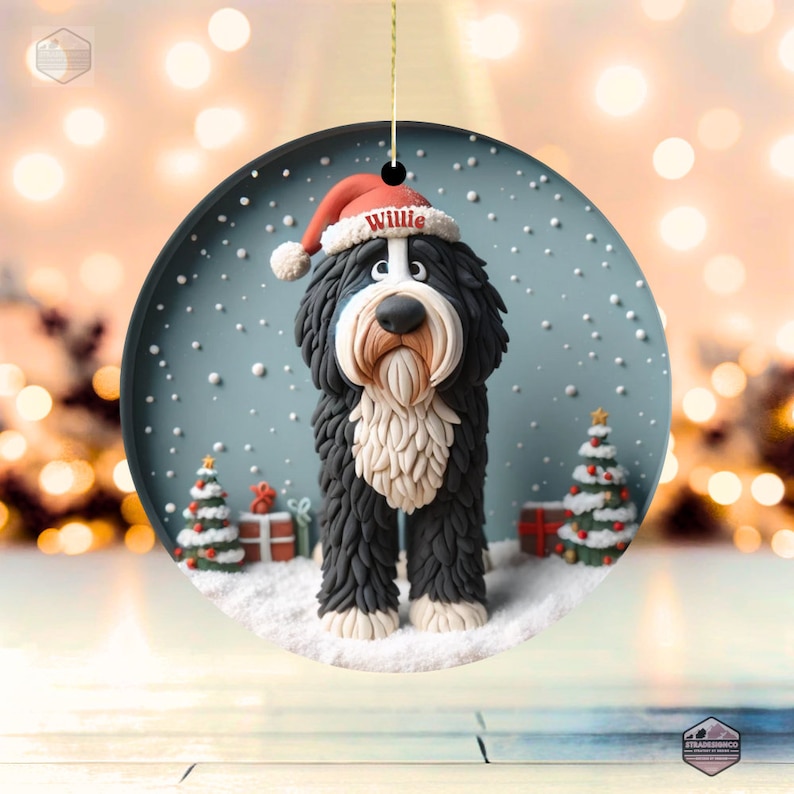 Personalized Bernedoodle character inside of a snow globe looking ceramic ornament.