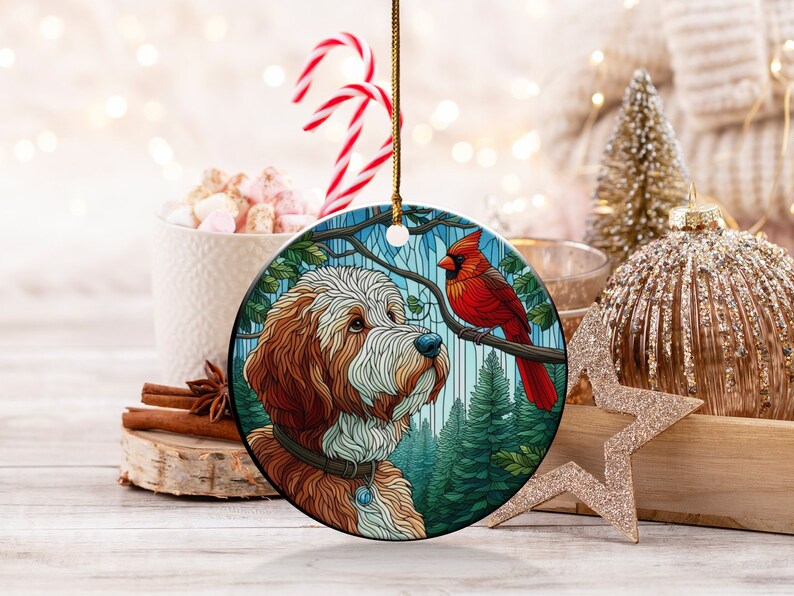 Cardinal and Bernedoodle Dog Ceramic Ornament, Oil Paint Style Design, Cardinal Lovers Gift, Mothers Day, Bird Lovers, Custom Crafted Design