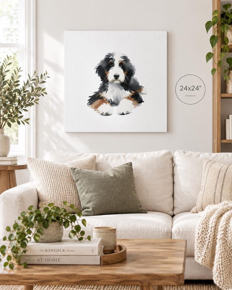 Puede incluir: Un lienzo cuadrado con una ilustraci&oacute;n en acuarela de un cachorro de boyero de Berna con pelaje negro, blanco y marr&oacute;n. La obra de arte est&aacute; etiquetada con las dimensiones 24x24 pulgadas y muestra al cachorro en posici&oacute;n sentada.