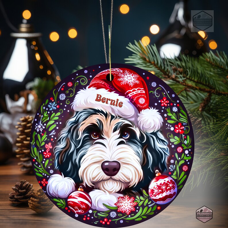 Merle Bernedoodle ceramic ornament with one blue eye and one brown eye!