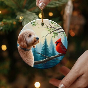 Cardinal and Doodle Dog Ceramic Ornament, Oil Paint Design image 4