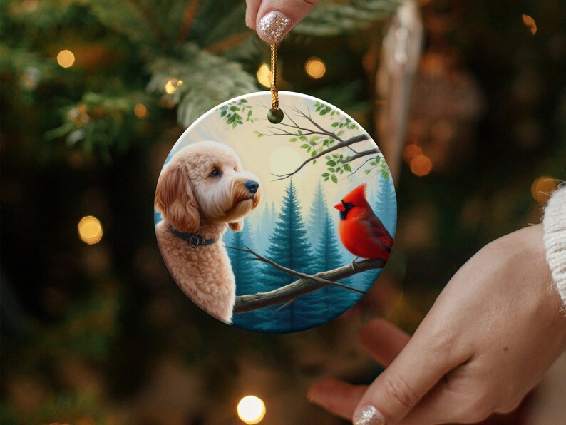 Cardinal and Doodle Dog Ceramic Ornament, Oil Paint Design image 4