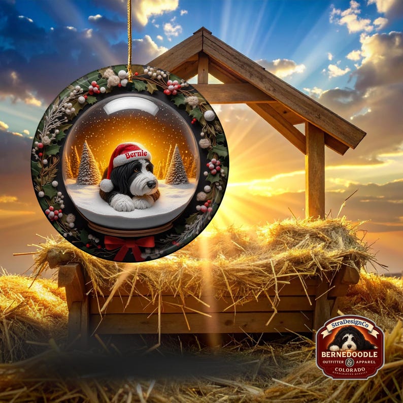 May include: A round Christmas ornament featuring a Bernedoodle dog inside a snow globe, wearing a Santa hat. The ornament is decorated with holly and berries. The word "Bernie" is on the hat.