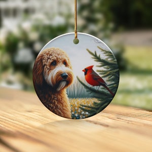 Cardinal and Doodle Dog Ceramic Ornament, Oil Paint Style Design, Cardinal Lovers Gift, Mothers Day, Bird Lovers, Custom Crafted Design Gift