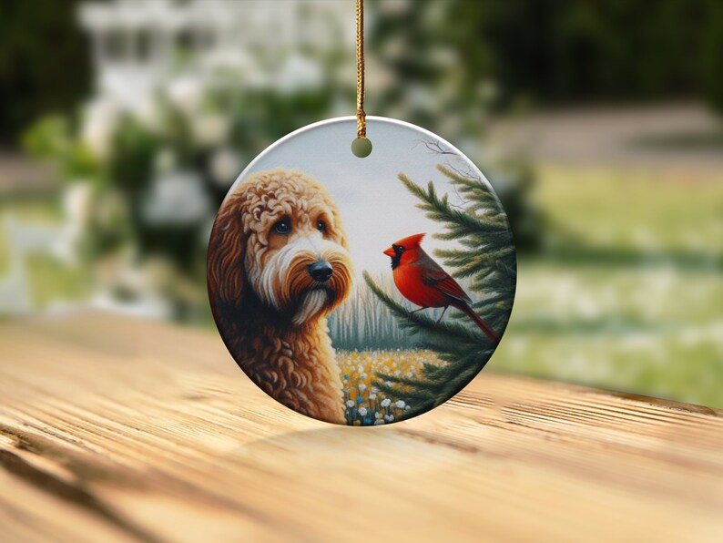 Cardinal and Doodle Dog Ceramic Ornament, Oil Paint Style Design, Cardinal Lovers Gift, Mothers Day, Bird Lovers, Custom Crafted Design Gift