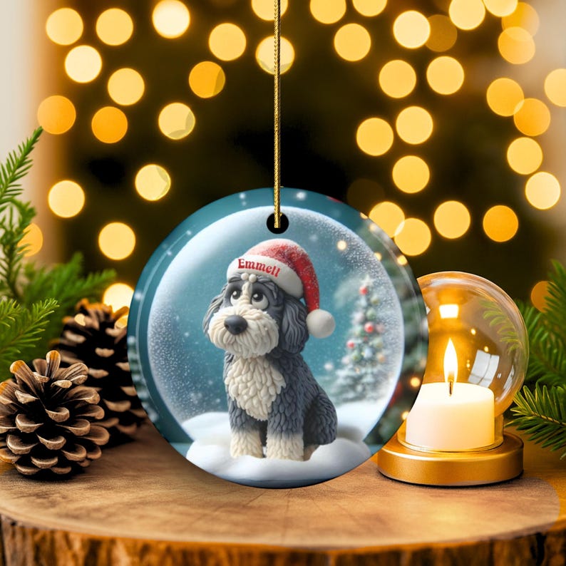 Sheepadoodle Dog Christmas Ornament, Festive Snow Scene Decor | Ceramic | Sublimation Two-Sided Keepsake image 14